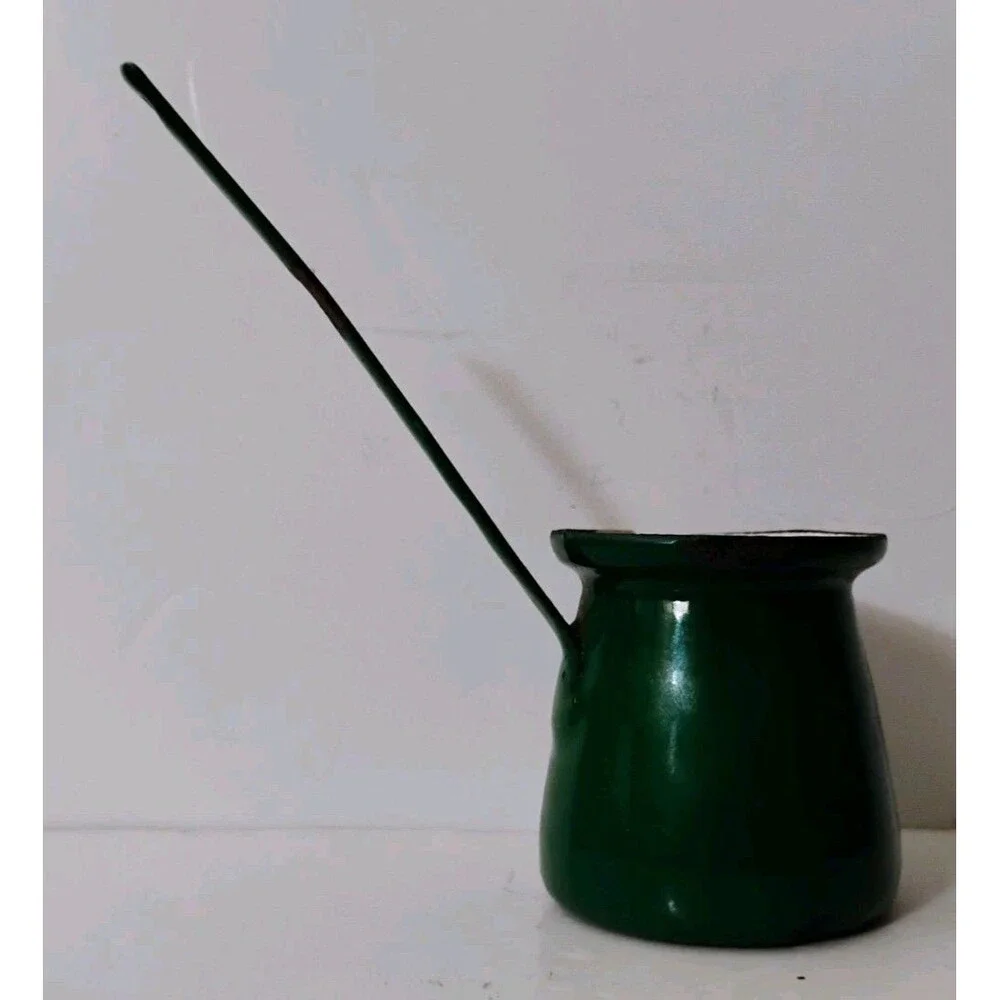 Vintage Green Enamel Turkish Coffee Pot Made in Yugoslavia Cezve Briki Pot Rust